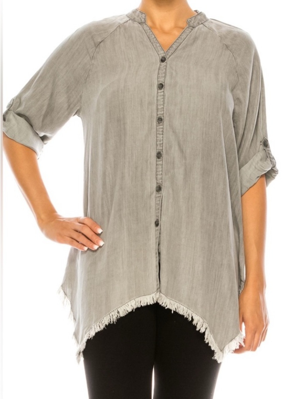 Thread & Supply Frayed-Hem Button Front Blouse in Gray - Picture 2 of 13
